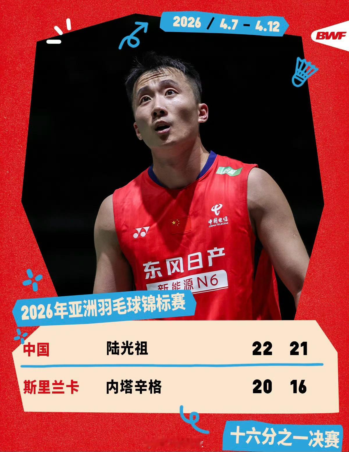 陆光祖晋级亚锦赛次轮中国羽毛球队 2026年亚洲羽毛球锦标赛男单首轮陆光祖22-