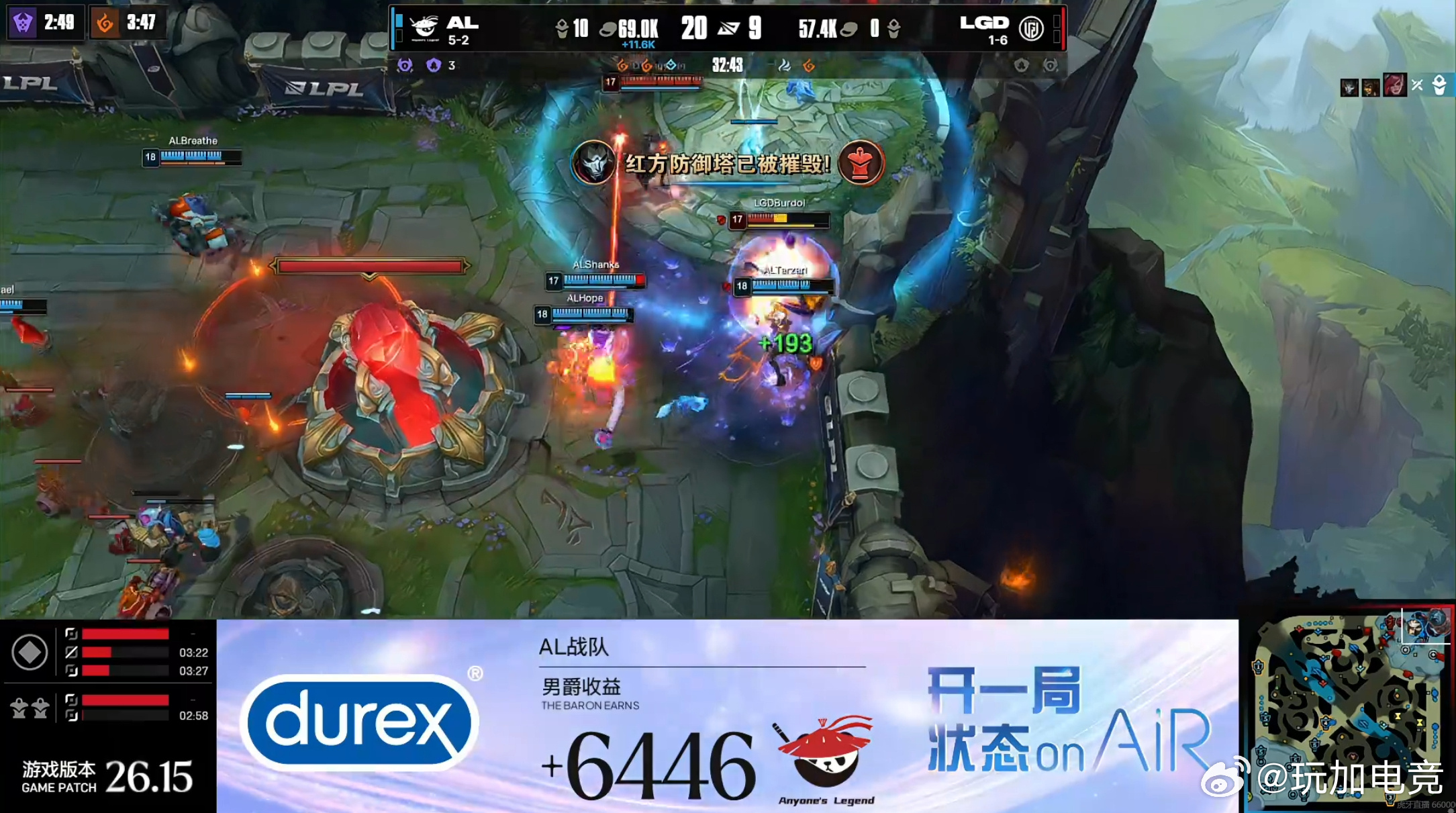 AL 2-0横扫LGD，战绩刷新至5-2。本局AL斩获20杀，经济领先11.6k