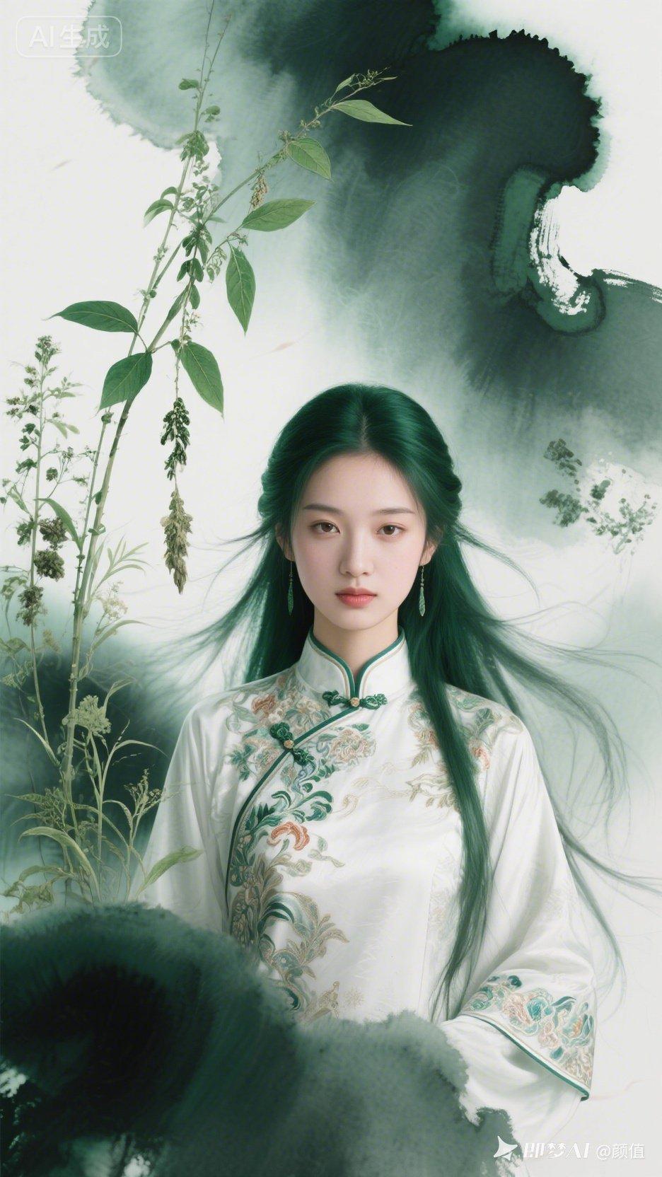 东方古典美人，绿发如瀑，白衣如雪，宛如画中仙子。