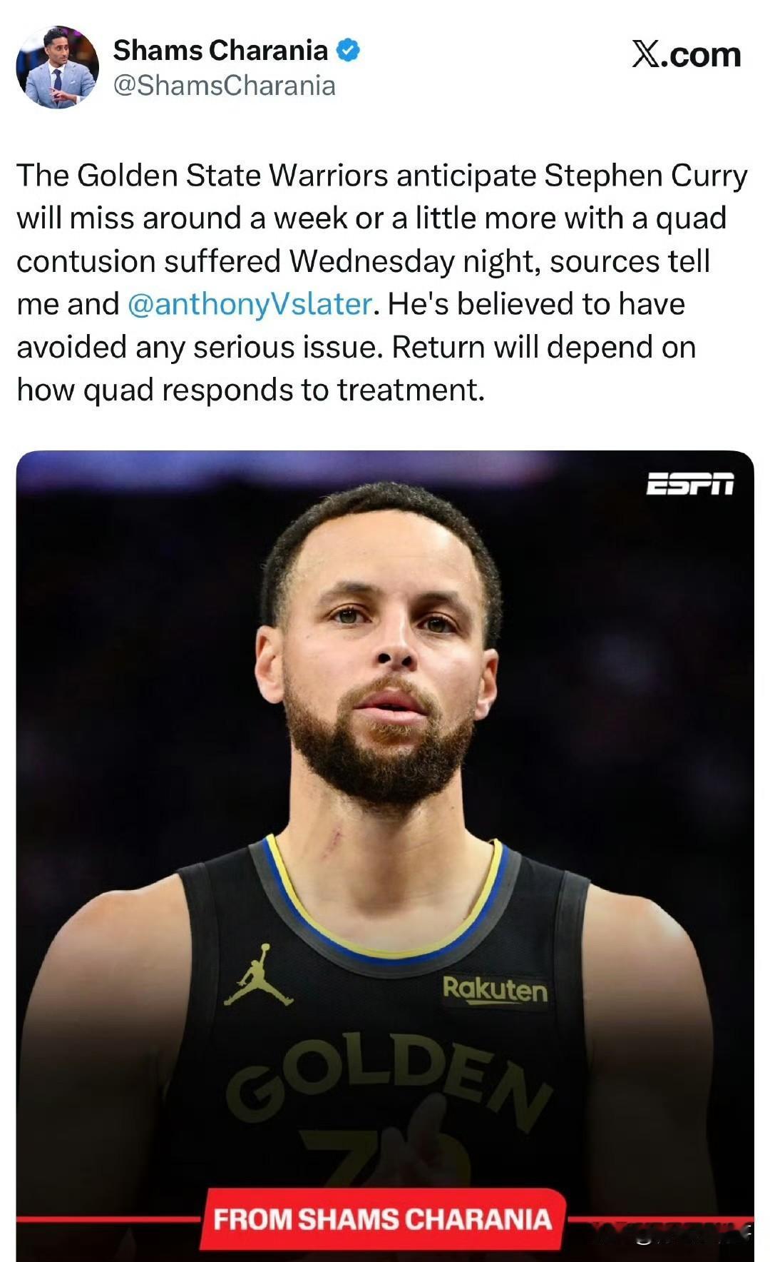 早日康复！！！库里股四头肌挫伤，缺阵一周左右！

根据记者Shams最新消息透露