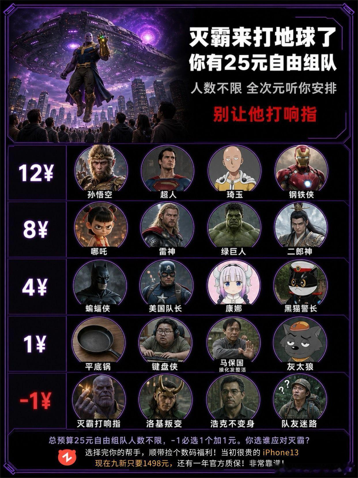 灭霸来打地球，给你 25 元自由组队。孙悟空 超人 琦玉 钢铁侠 哪吒 