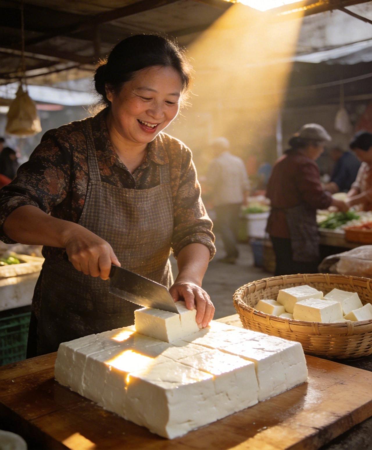 今天周末，天刚蒙蒙亮，菜市场就已经热闹起来。
 
卖豆腐的大姐手脚麻利地切着嫩豆