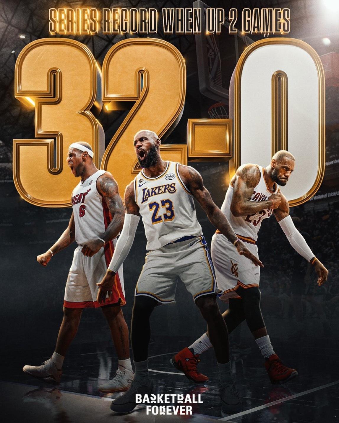 勒布朗·詹姆斯在季后赛生涯中，当系列赛领先2场时保持32胜0负 👀🔥火箭队有