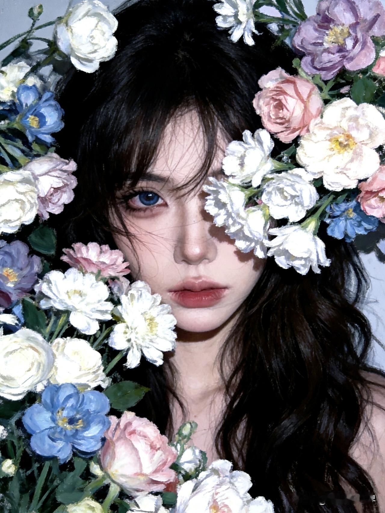 梦幻花海中的少女，蓝眼睛如宝石般闪耀。紫色花海少女 花海少女照