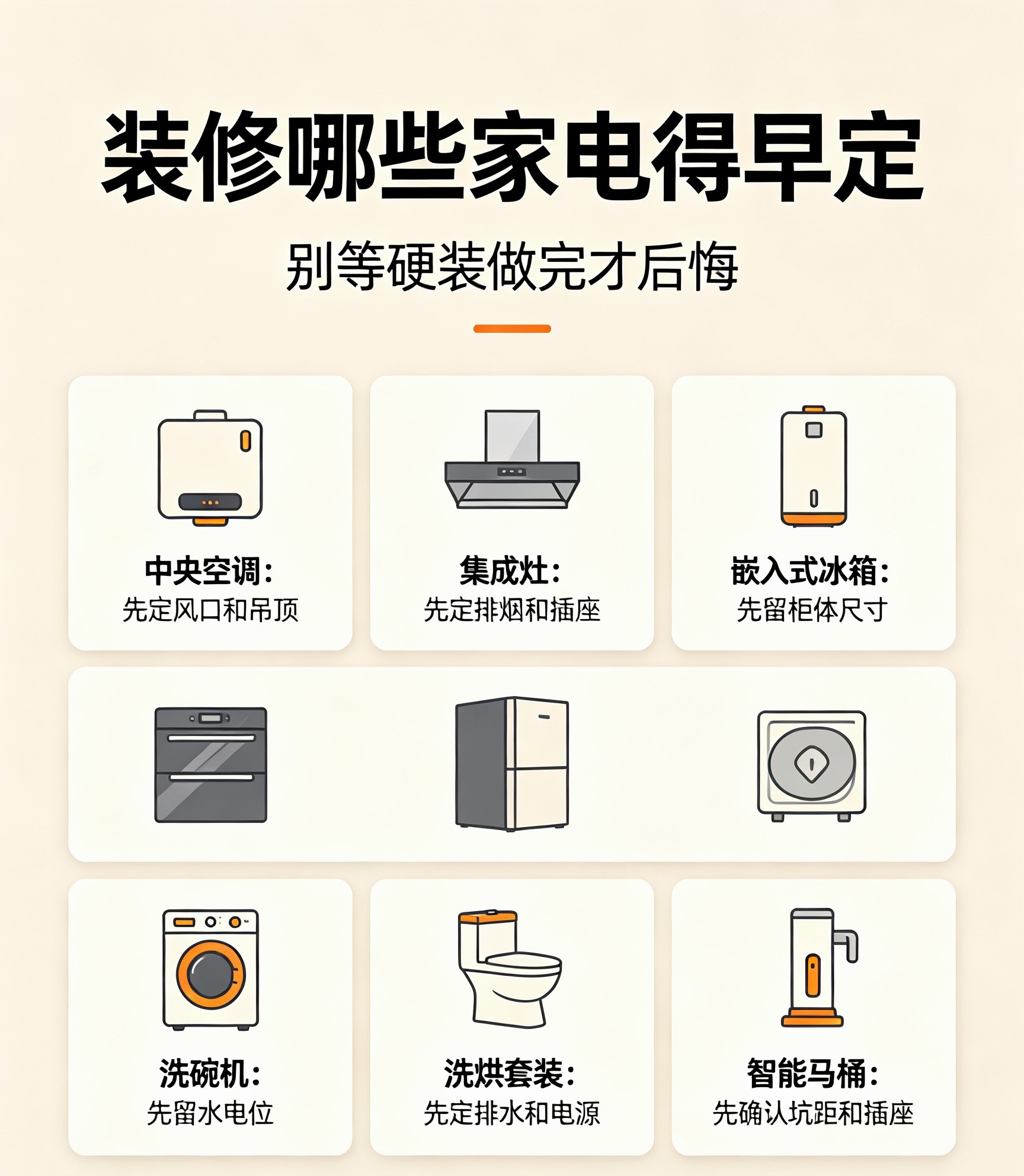 装修哪些家电得早定装修前要定的家电还是很多的，比如说中央空调、嵌入式蒸烤箱、洗碗