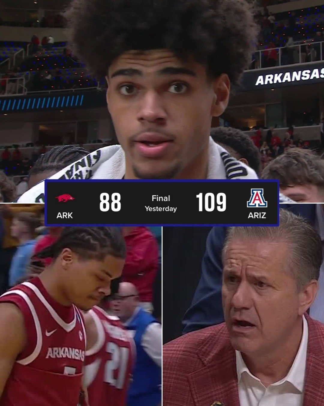 阿肯色88-109不敌亚利桑那，止步16强。来自阿肯色的热门新秀阿卡夫砍下28分