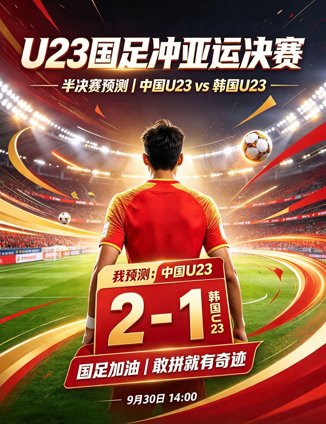 国足[超话]  U23国足冲亚运决赛，这场半决赛必须全力支持！我预测：中国U23