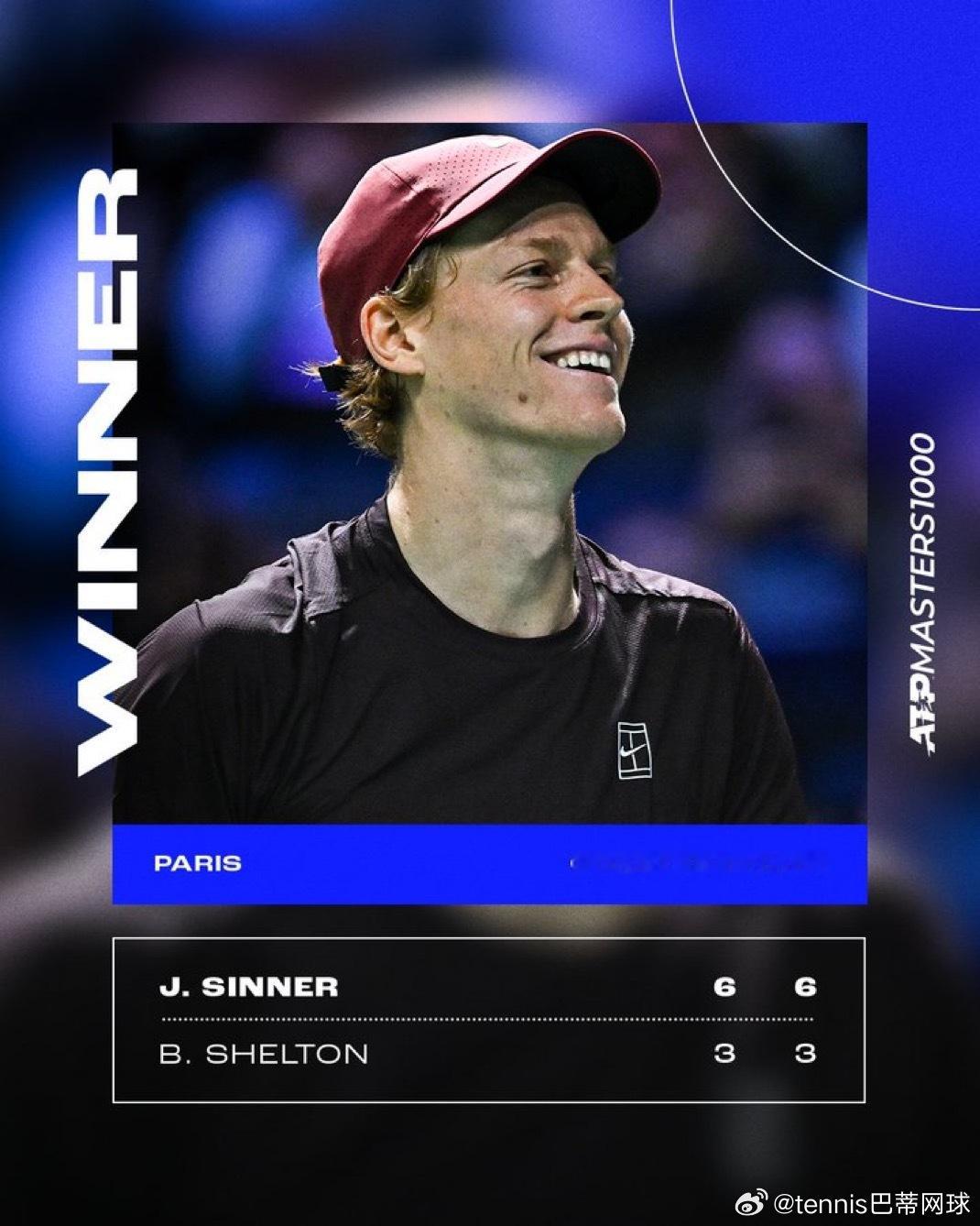 巴黎大师赛 辛纳，兹维列夫会师半决赛辛纳兵不血刃取得了对谢尔顿的7连胜，而兹维列