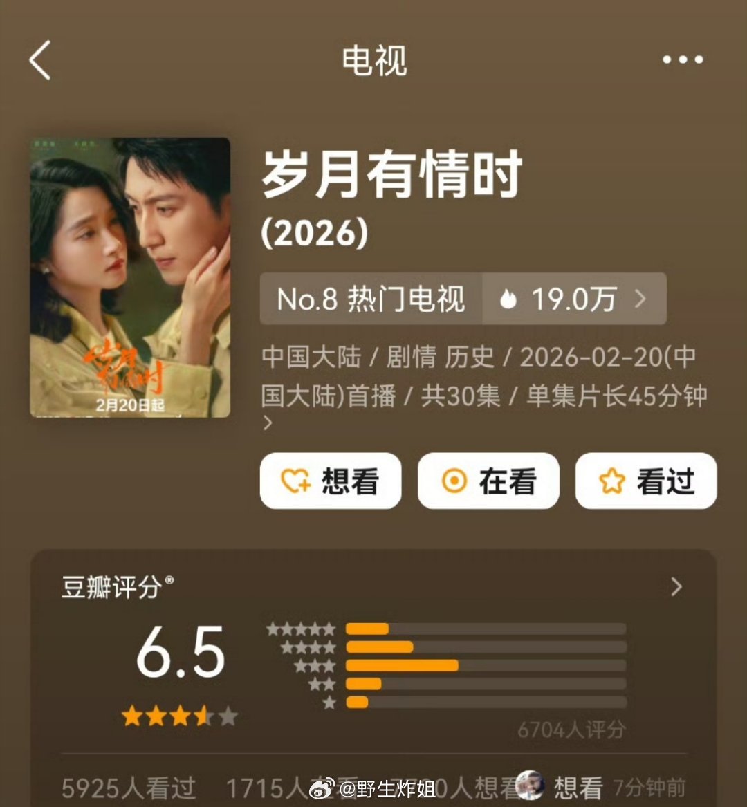 关晓彤跟黄景瑜主演的《岁月有情时》db也正式开分了，平平无奇的6.5分，感觉戏外