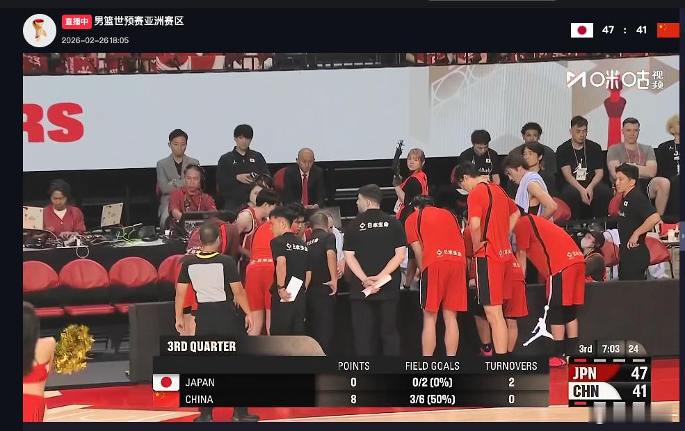 第三节开始，打了日本一个10-0，贺希宁半场开始2个三分！追回来了日本47-43