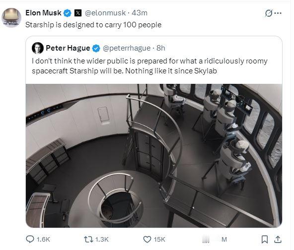 马斯克在社媒表示：星舰飞船的设计载客量是100人。[并不简单] ​​​