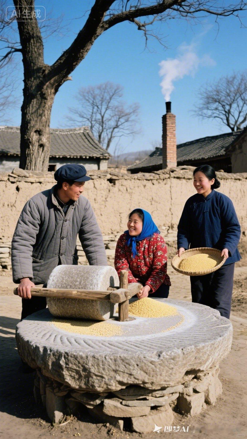 乡村生活：传统石磨碾米，笑语欢声！