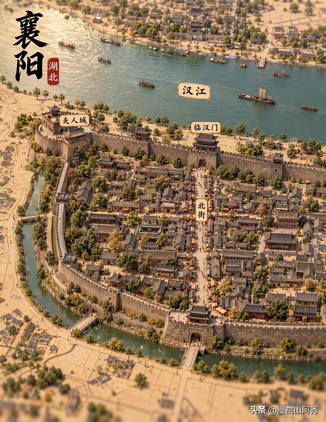 襄阳古城：万里汉江自群山奔涌而来，环抱着襄阳古城。青砖城墙依水而立，临汉门雄峙江