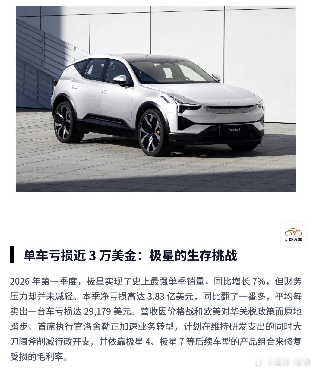 单车亏损近 3 万美金 2026 年第一季度，极星实现了史上最强单季销量，同比增