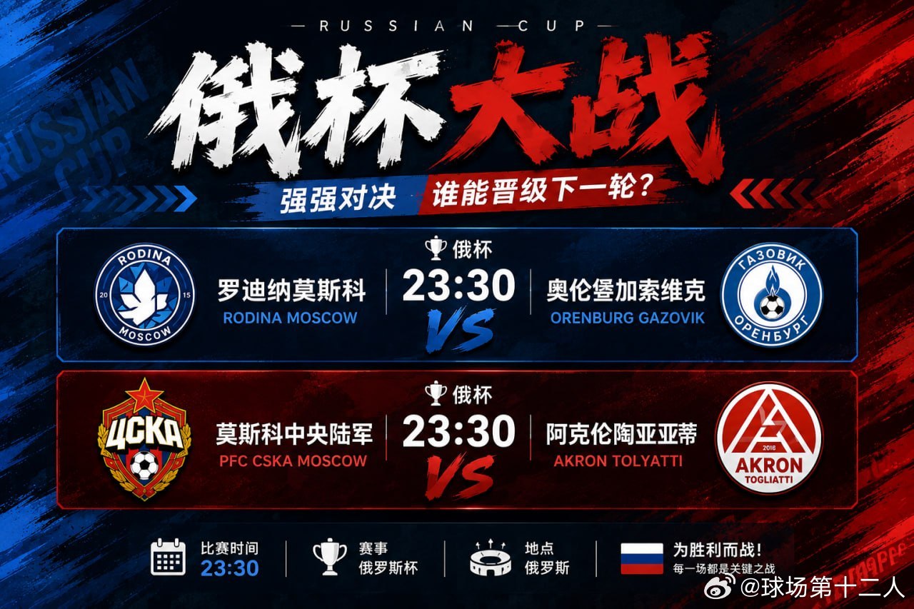 俄杯之夜，23:30两场同步开战⚽️罗迪纳莫斯科 🆚 奥伦堡加索维克莫斯科中央