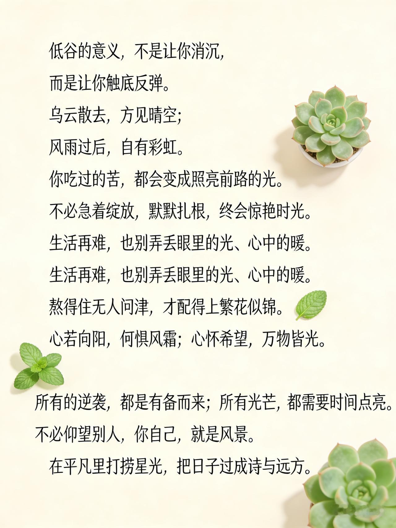 1. 低谷的意义，不是让你消沉，而是让你触底反弹。
2. 乌云散去，方见晴空；风