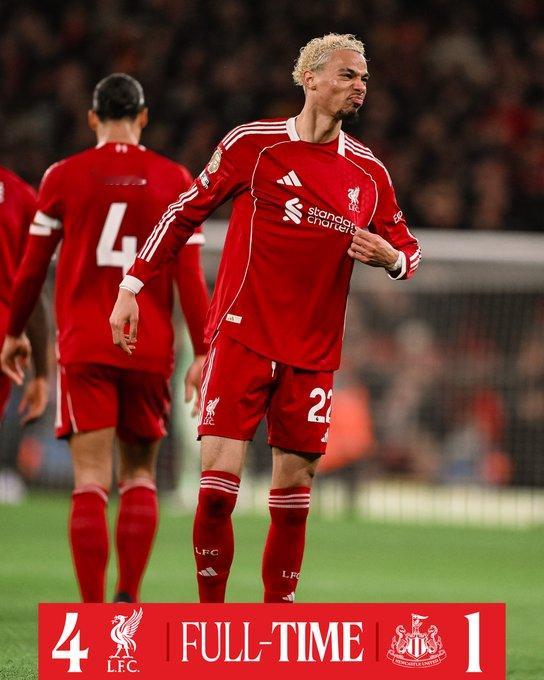 利物浦vs纽卡斯尔联利物浦主场4-1逆转纽卡斯尔联，终结联赛5轮不胜，积39分先