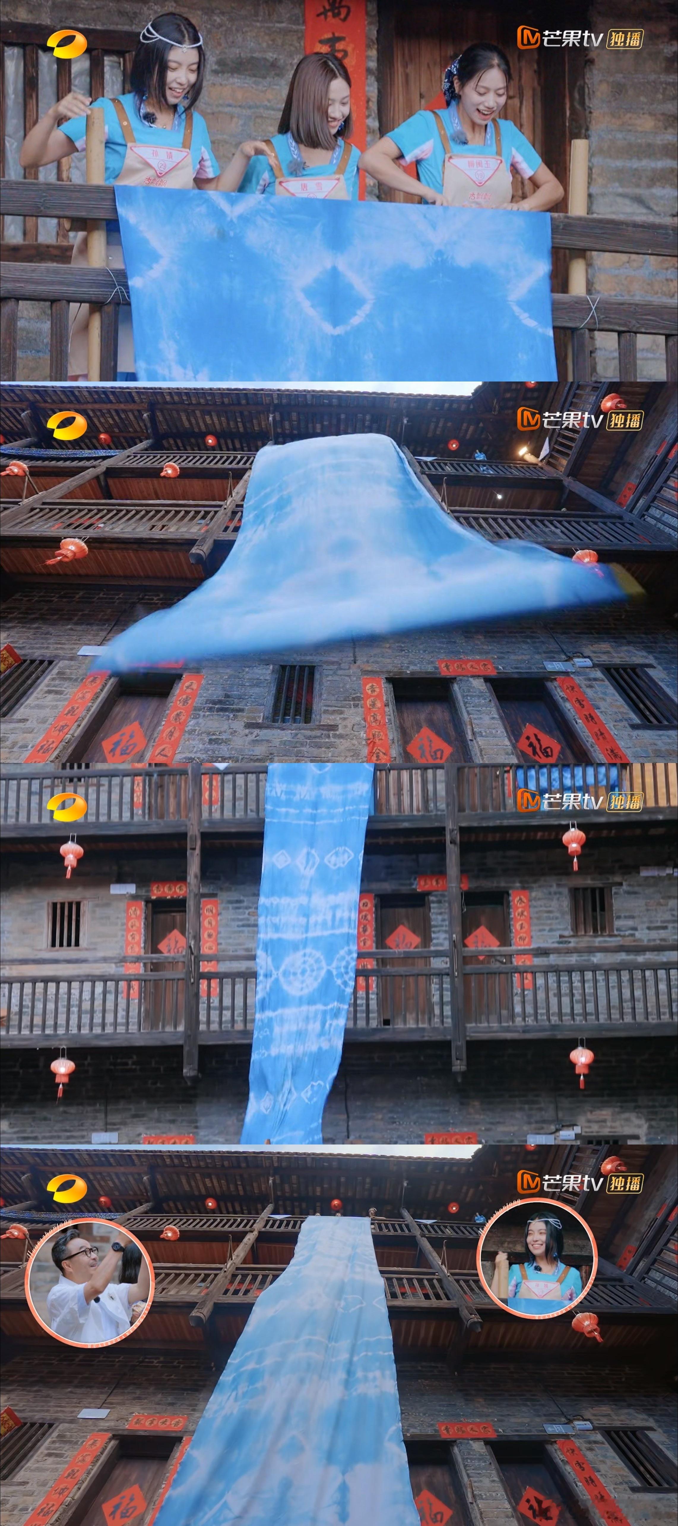 #湖南卫视镜头里的江西蓝染好震撼# 谁懂我看到#花儿绽放# 10米染布打开的时候