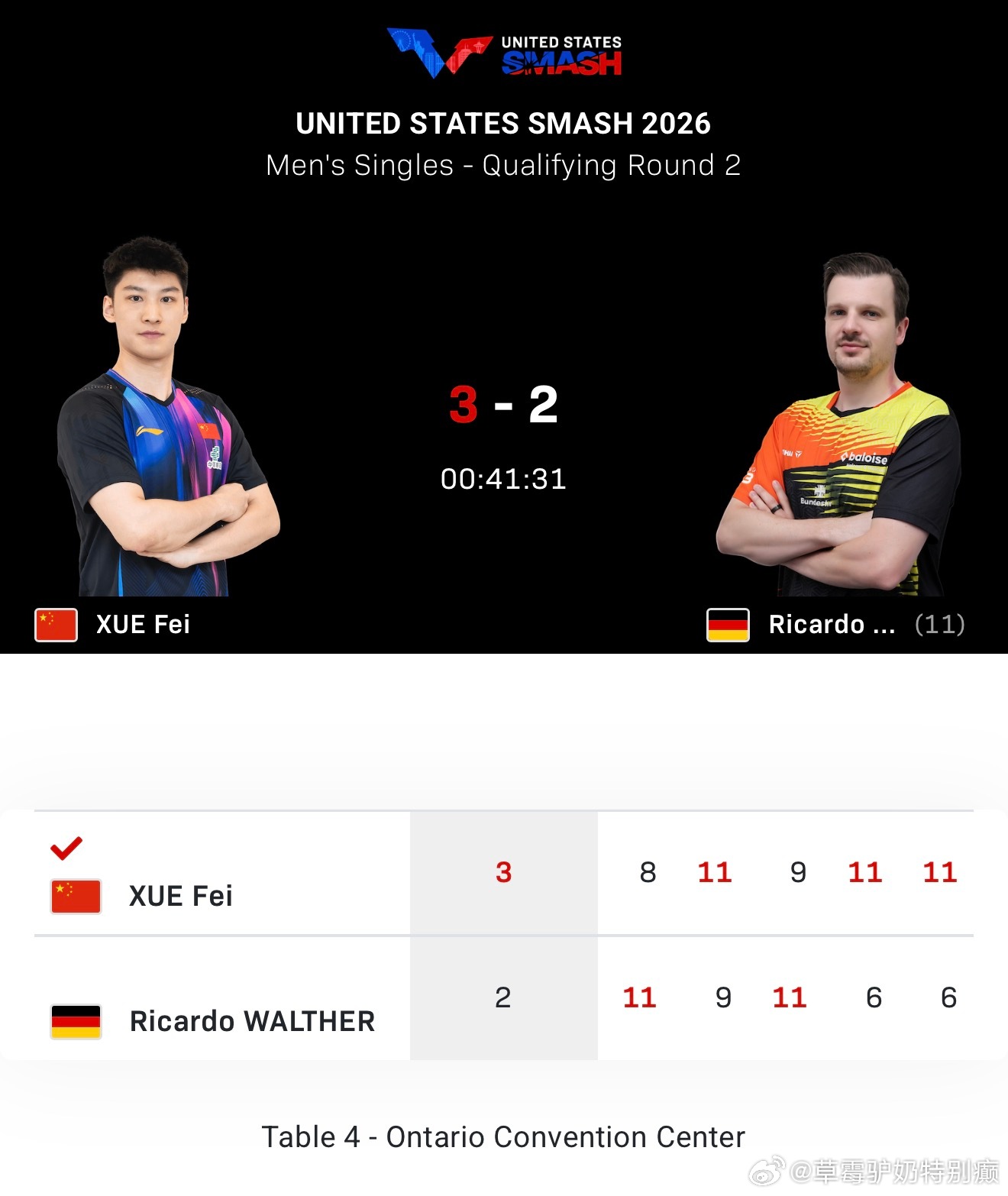 2026美国大满贯Q2薛飞3-2沃尔瑟资格轮薛飞VS高承睿 
