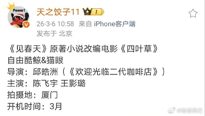 陈飞宇、王影璐二搭《见春天》原著小说改编电影《四叶草》 