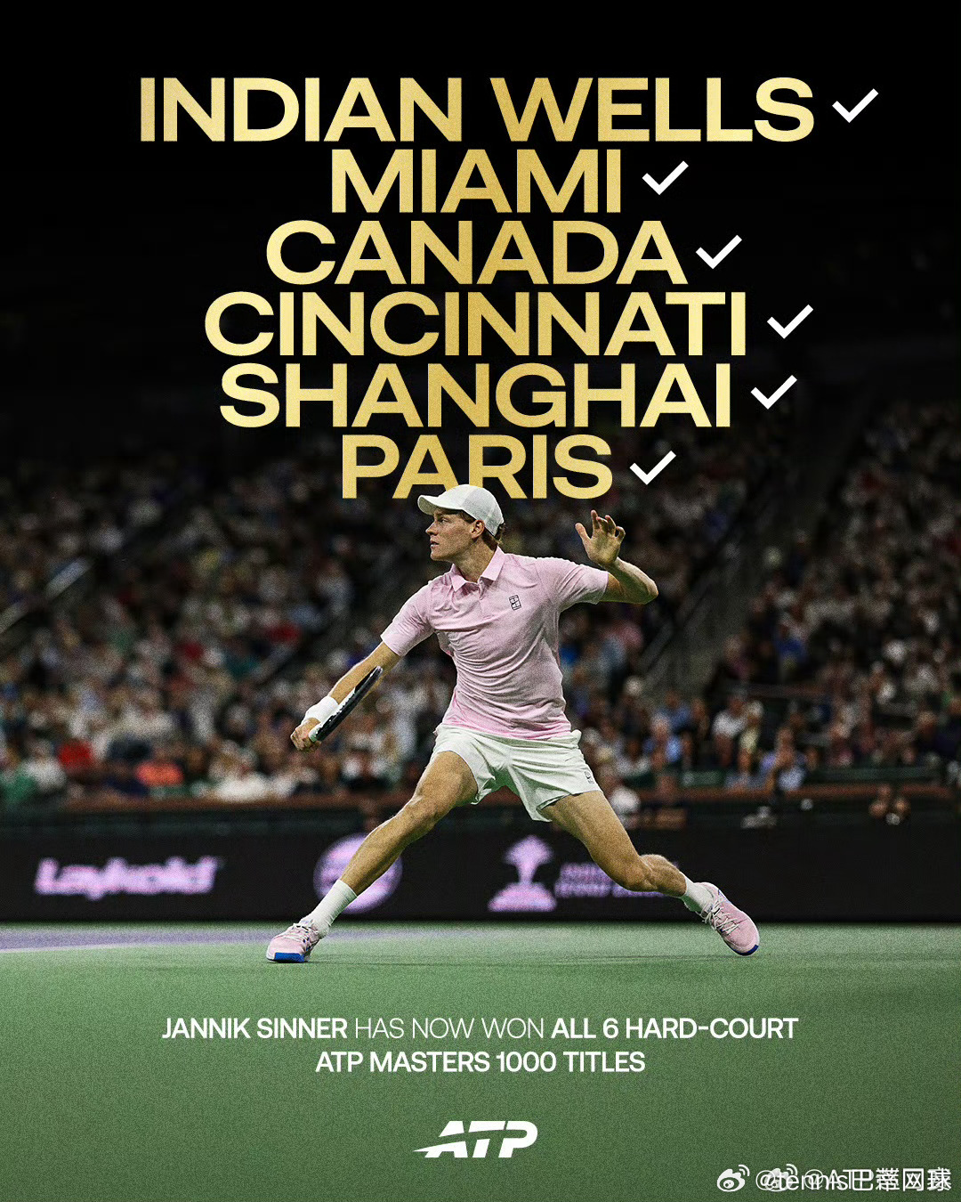 辛纳6站硬地大师赛全夺冠🏆2023加拿大🏆2024迈阿密/辛辛那提/上海🏆