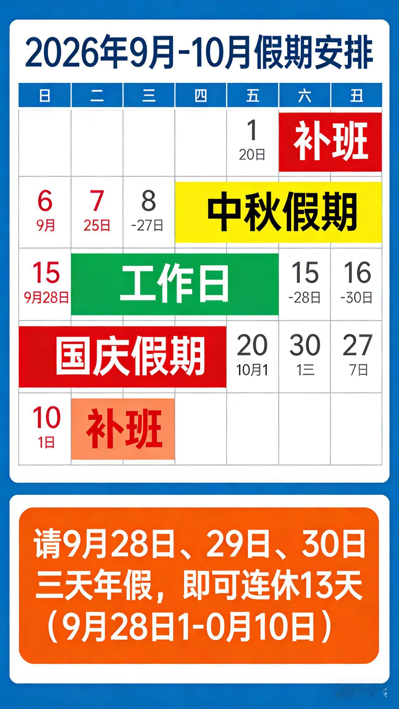 🔥炸裂！2026中秋封神！请3天假拼出13天长假，时长直接碾压春节！
 
家人