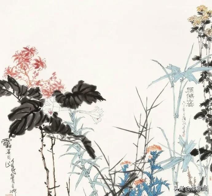 观潘天寿画作，最动人是藏在笔墨里的雄浑底气。
落笔大胆，点染细腻，喜以方石构景，