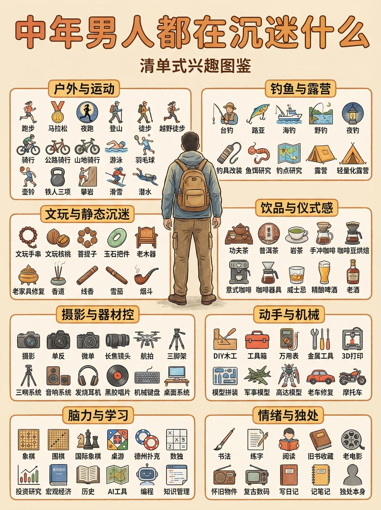 一张图囊括了我们中年男人的所有沉迷“爱好”，请对号入座。这八大类，好像没什么不花