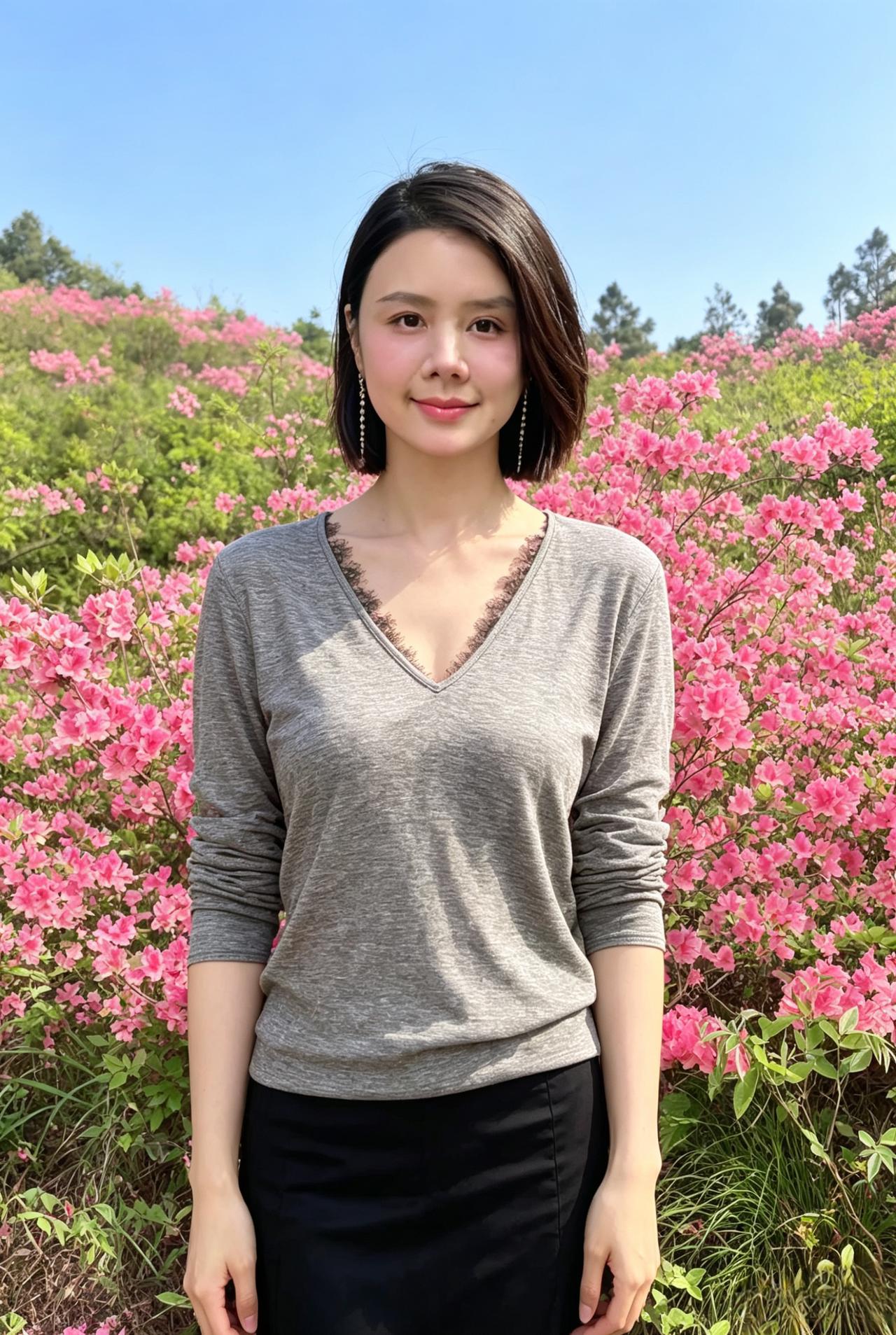 漫山红绽映芳颜，林下娉婷玉骨寒。
不与繁花争艳色，自成清绝满尘寰。