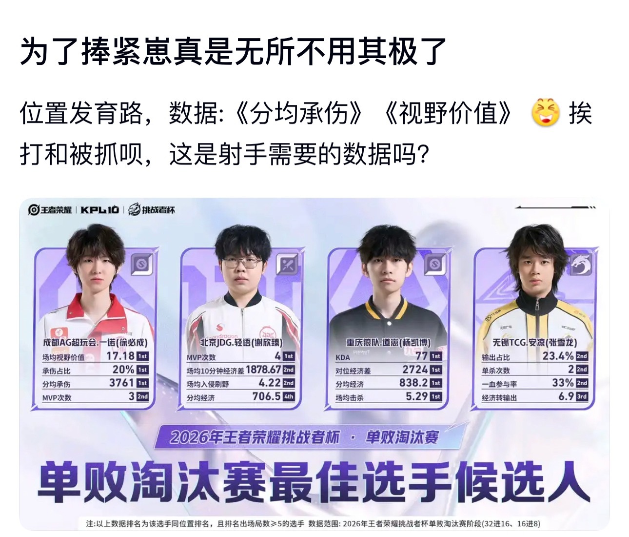 kpl单败淘汰赛也要搞个最佳选手？位置发育路，数据:《分均承伤》《视野价值》挨打