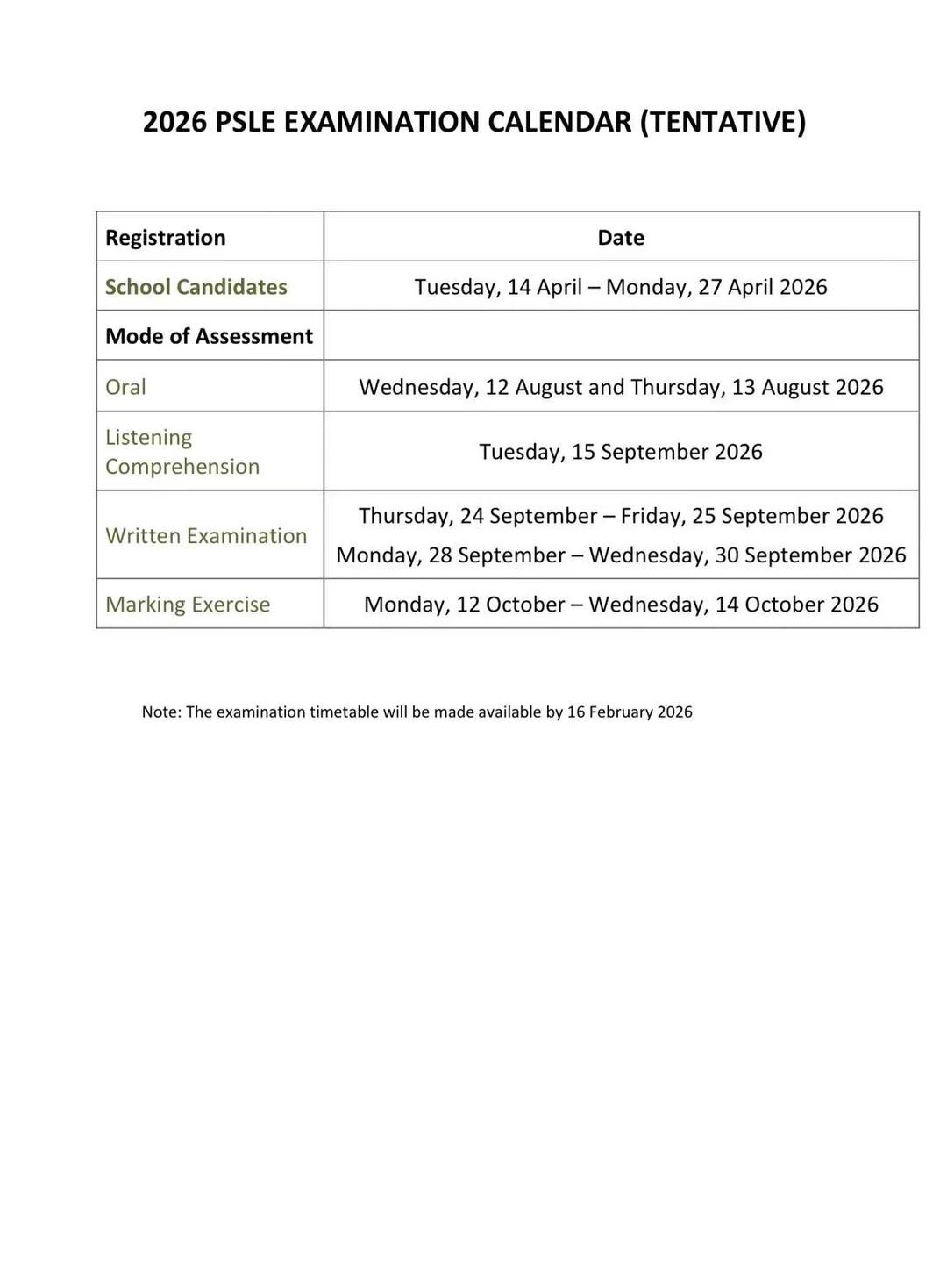2026年PSLE的Tentative 日期出来了
2026年9月30日就考完了