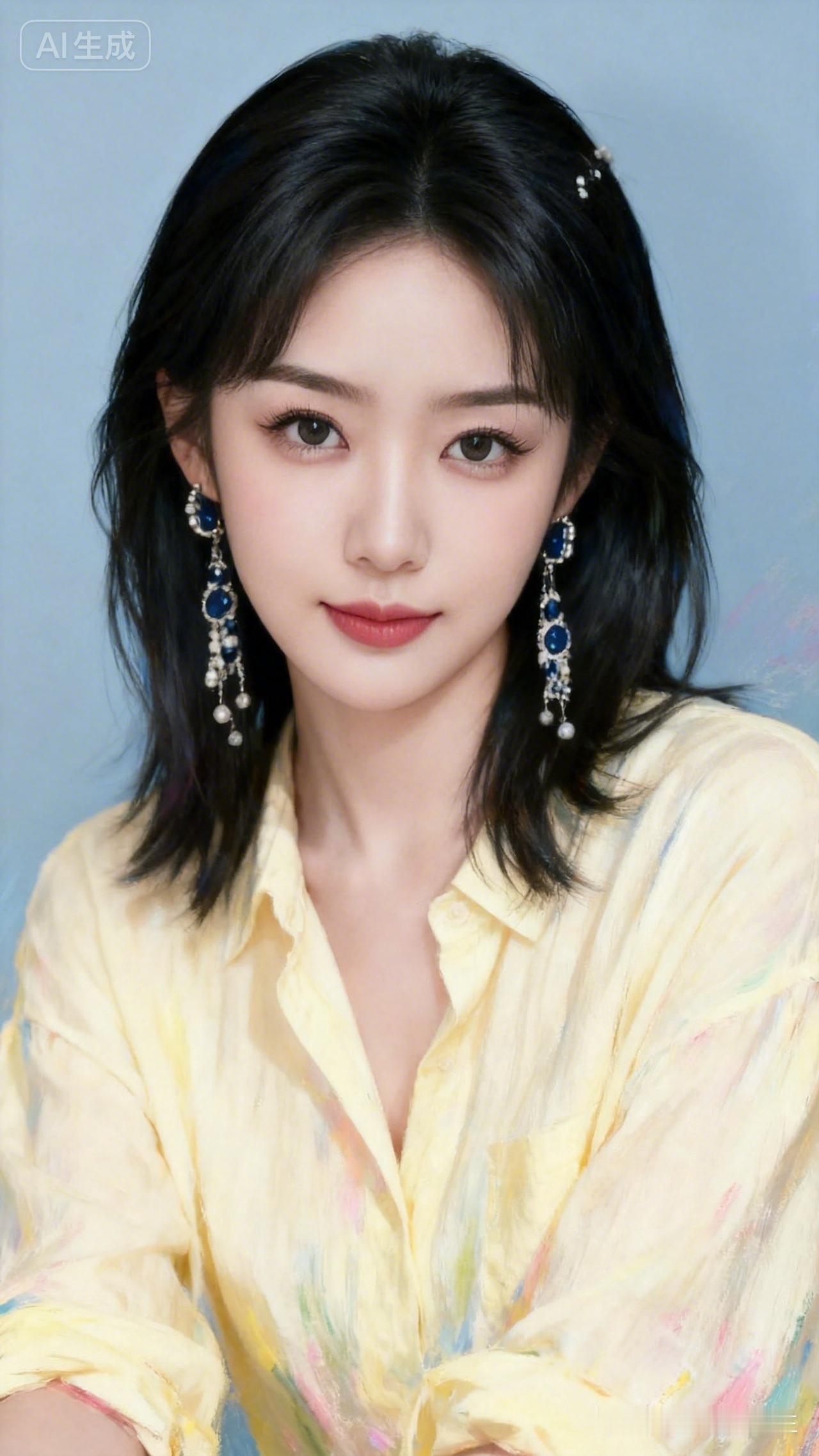 美女乌黑顺滑中长发自带光泽，冷白皮眉眼精致，淡妆清雅自然。浅黄色棉麻宽松衬衫，电