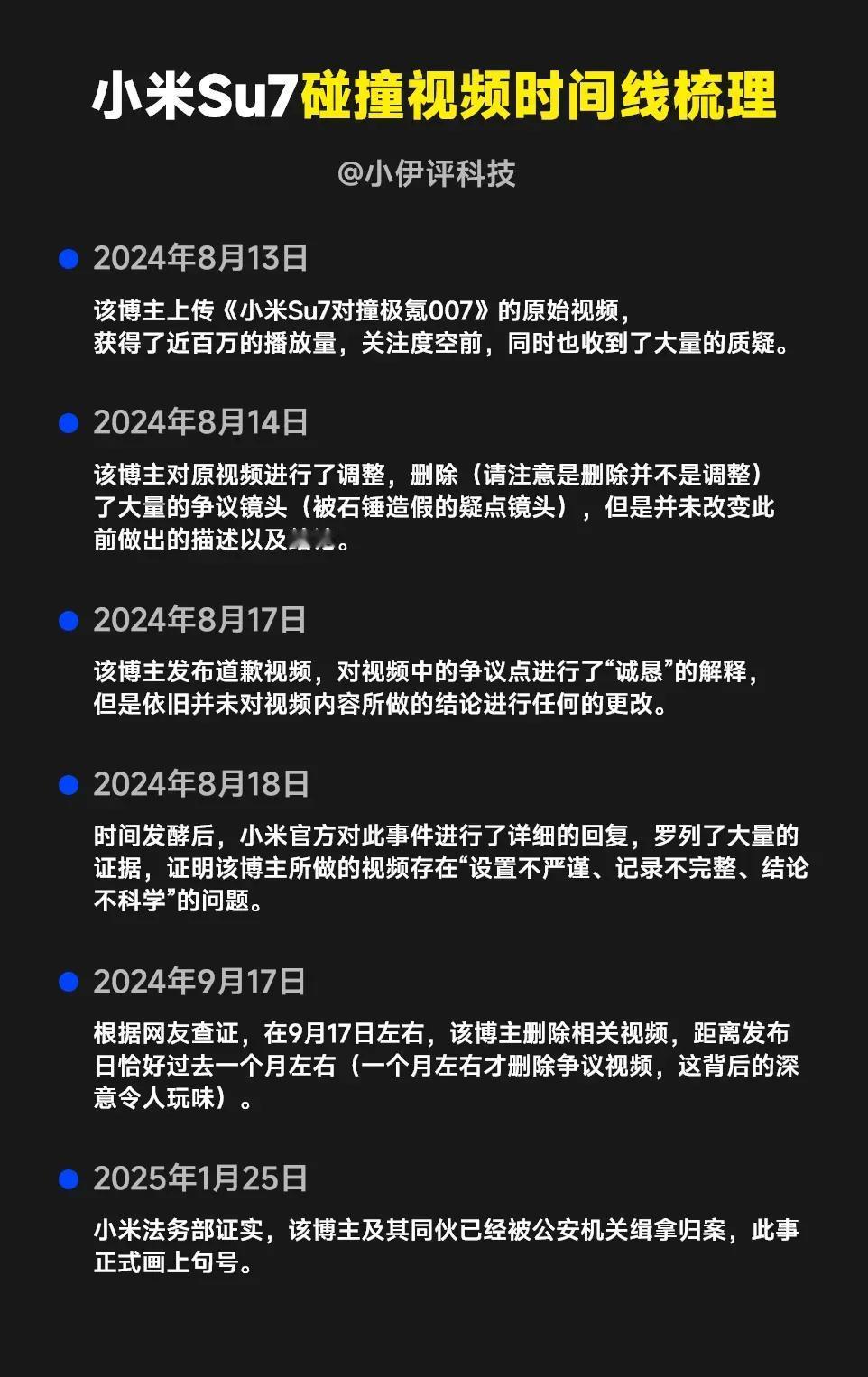 某汽车博主关于小米Su7和极氪007碰撞测试的时间线。

我个人比较纳闷的是，这