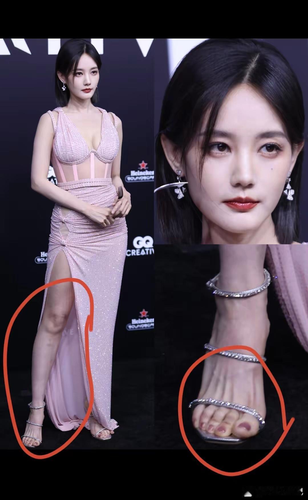拍照手里拿着个叉子，看着总感觉怪怪的！这大概是李一桐最原生态的生图了，腿和膝盖的