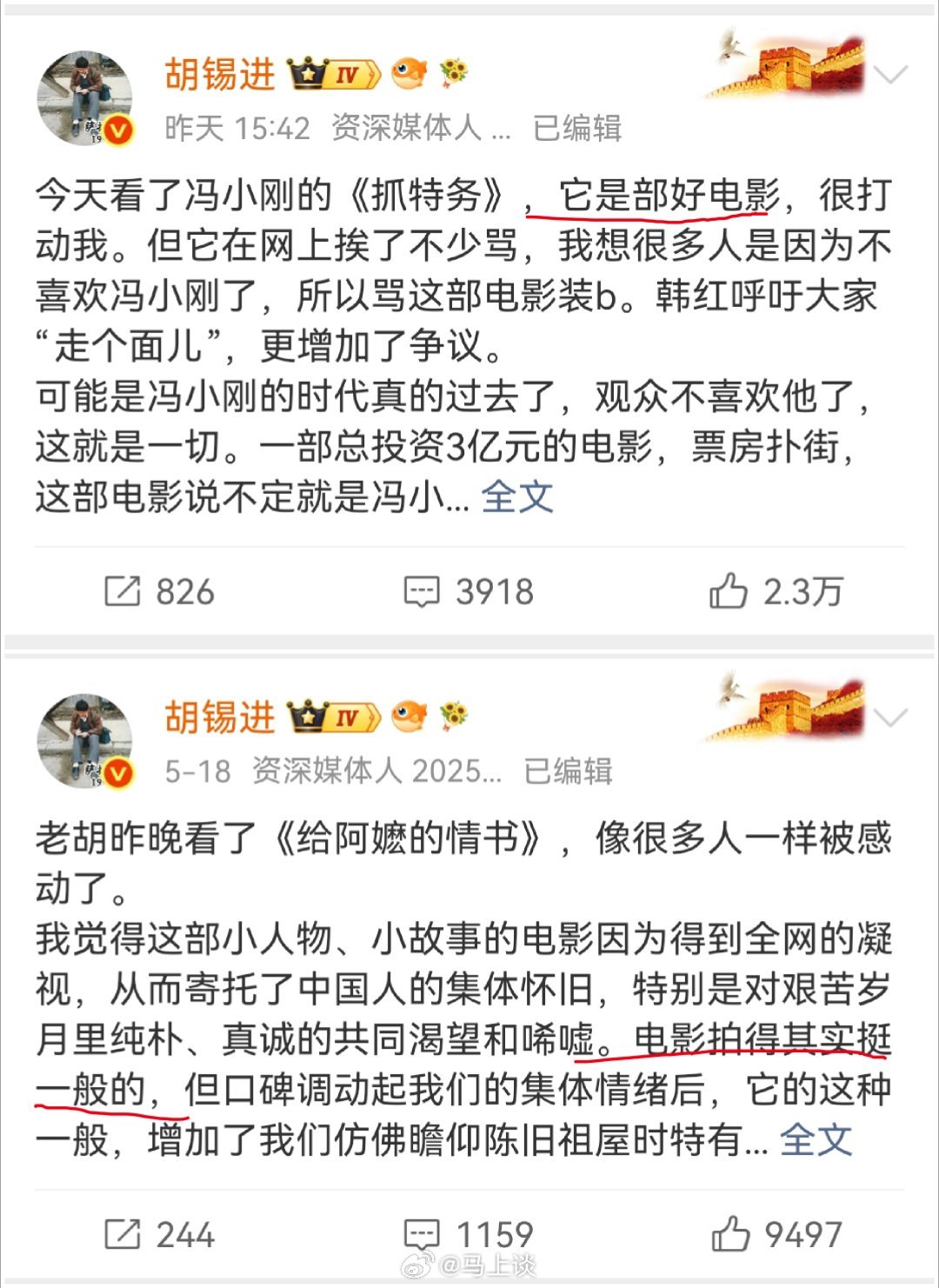 胡锡进评价抓特务是部好电影，评价给阿嬷的情书拍的挺一般，这说明了什么？ 