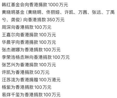 内娱艺人捐款支援香港名单公布。

不少人吐槽：香港那么富，这又不是天灾，咋有种农