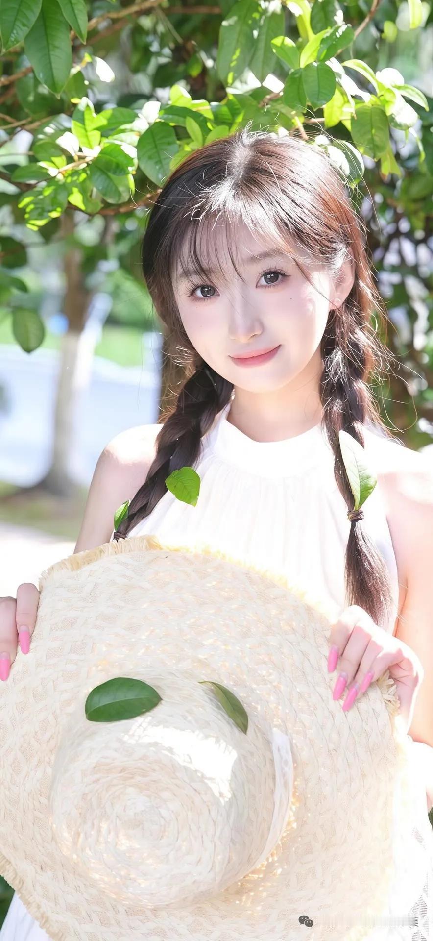 夏日清新少女，草帽与绿叶的完美搭配岁月，沉淀着时光，流逝着人生，一回眸，便是一处