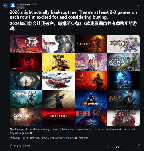 近日，Reddit上一条主题为“2026年大作井喷可能真的会让我破产”的帖子，引