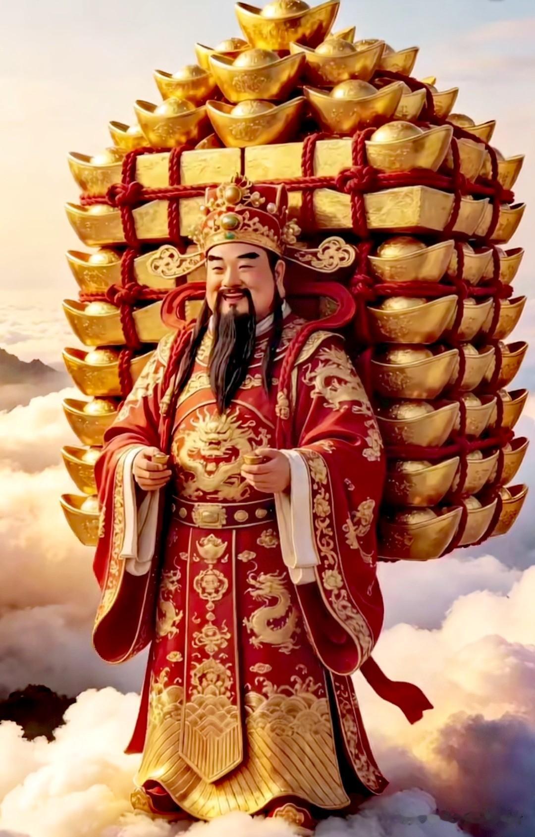 财神背着满满一堆财宝来到你家门口了，有人在吗？快开门迎接。
财来莫推，福来接住。