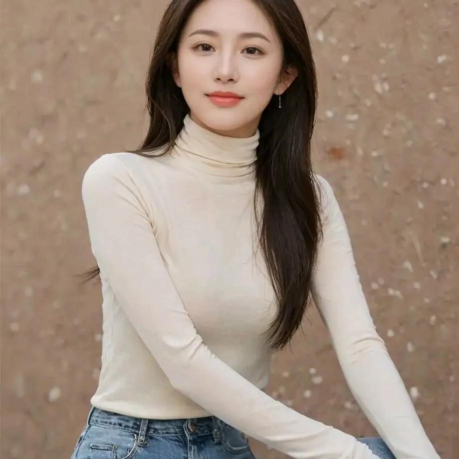 优雅气质，米色高领毛衣，牛仔牛仔裤，温柔女神范