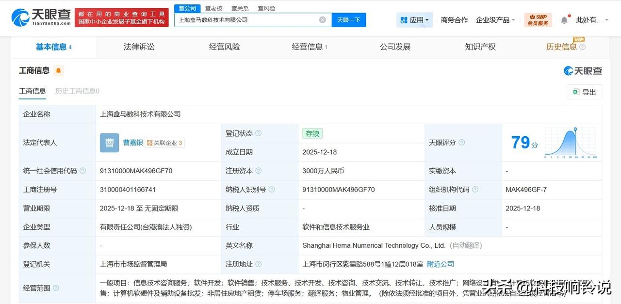【盒马在上海成立盒马数科技术公司 注册资本3000万】
天眼查App显示，近日，