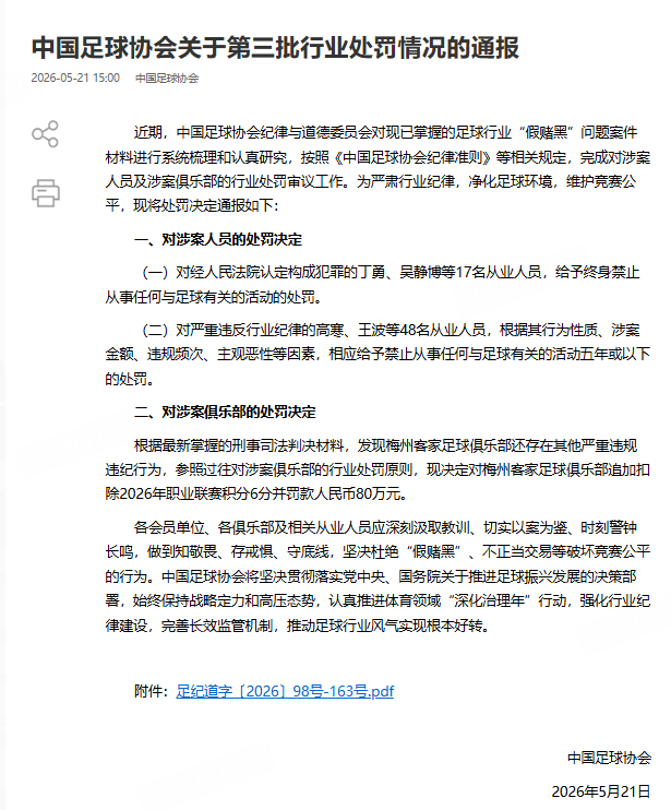 多名前中超俱乐部高管被禁足 中国足协公布第三批禁足名单，原梅州客家俱乐部总经理曹