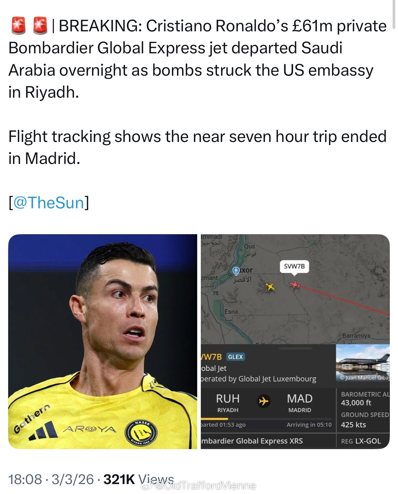 C罗私人飞机连夜离开沙特，飞往马德里！伊朗称向美航母发射4枚巡航导弹