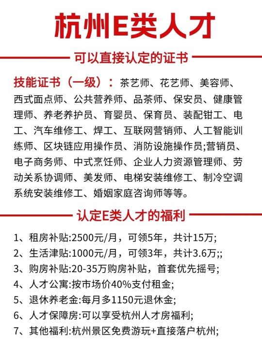可以直接认定E类人才的技能证书