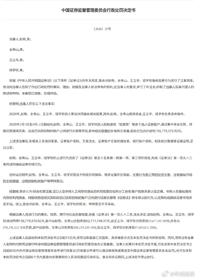 【获利近1.57亿元 #4人操纵股票被罚没6.27亿元#】证监会发布行政处罚决定