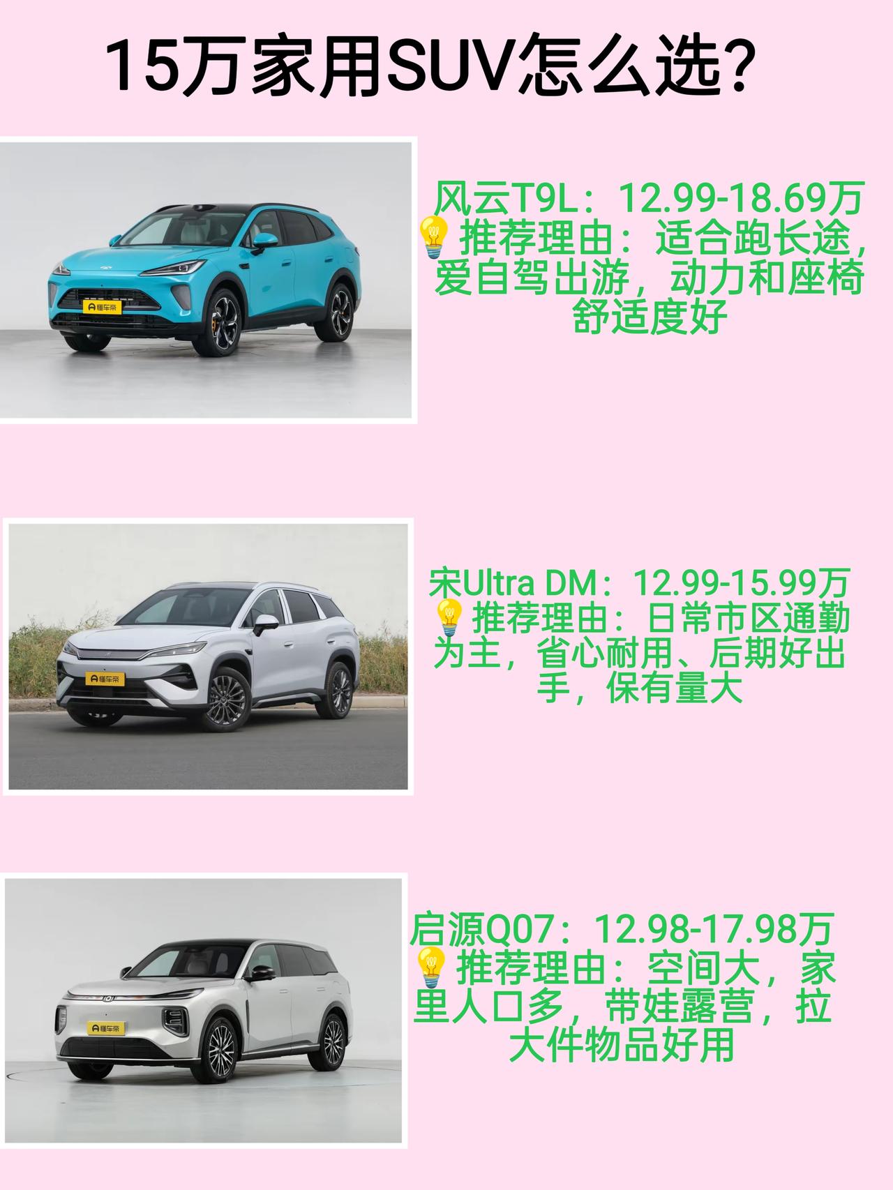 家用SUV可以看看风云T9L，宋Ultra DM和启源Q07这三台车，接下来聊聊