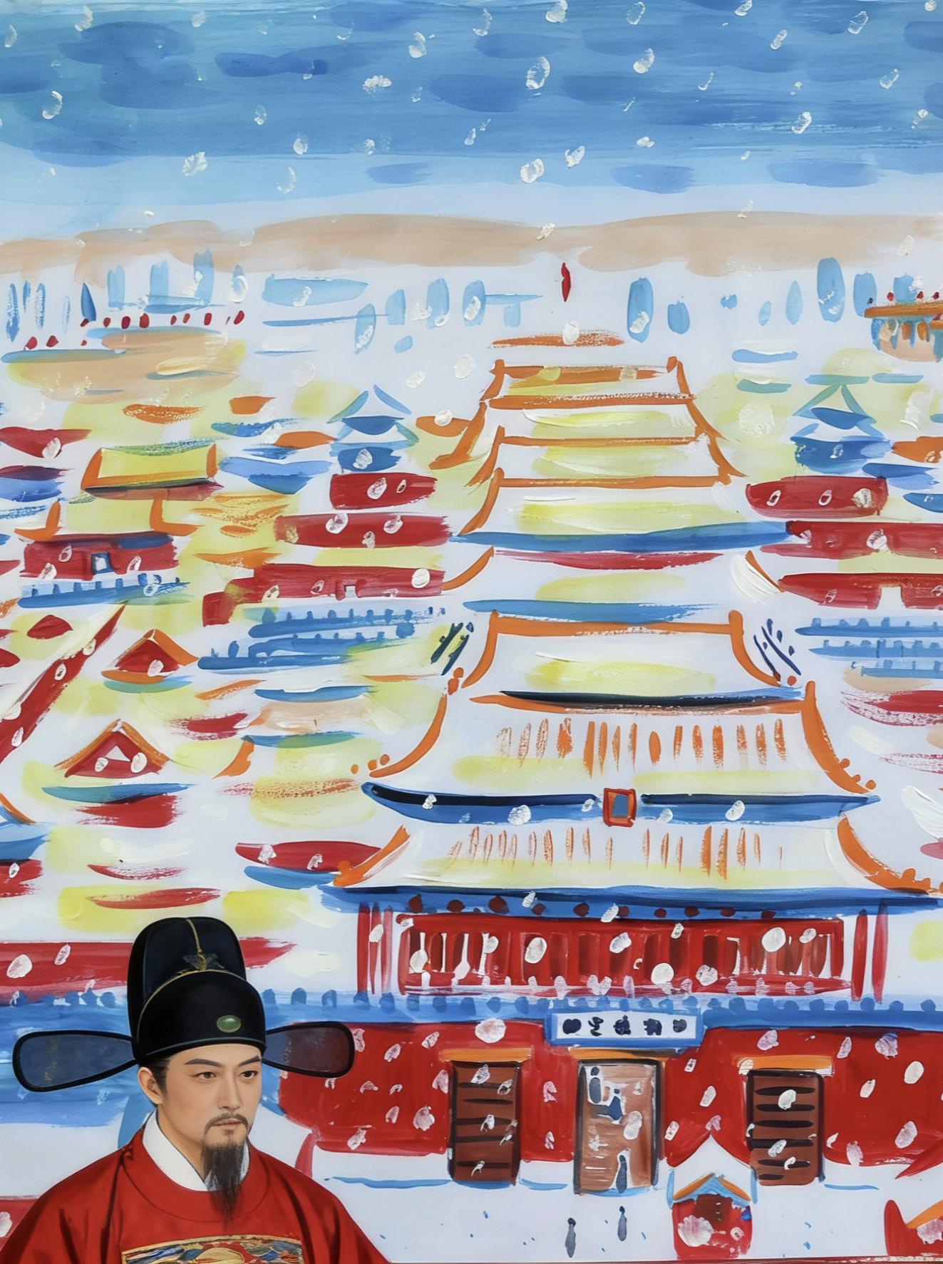 雪覆紫金。琼英落紫垣，金瓦覆银棉,红墙凝素色，宫阙入寒烟。