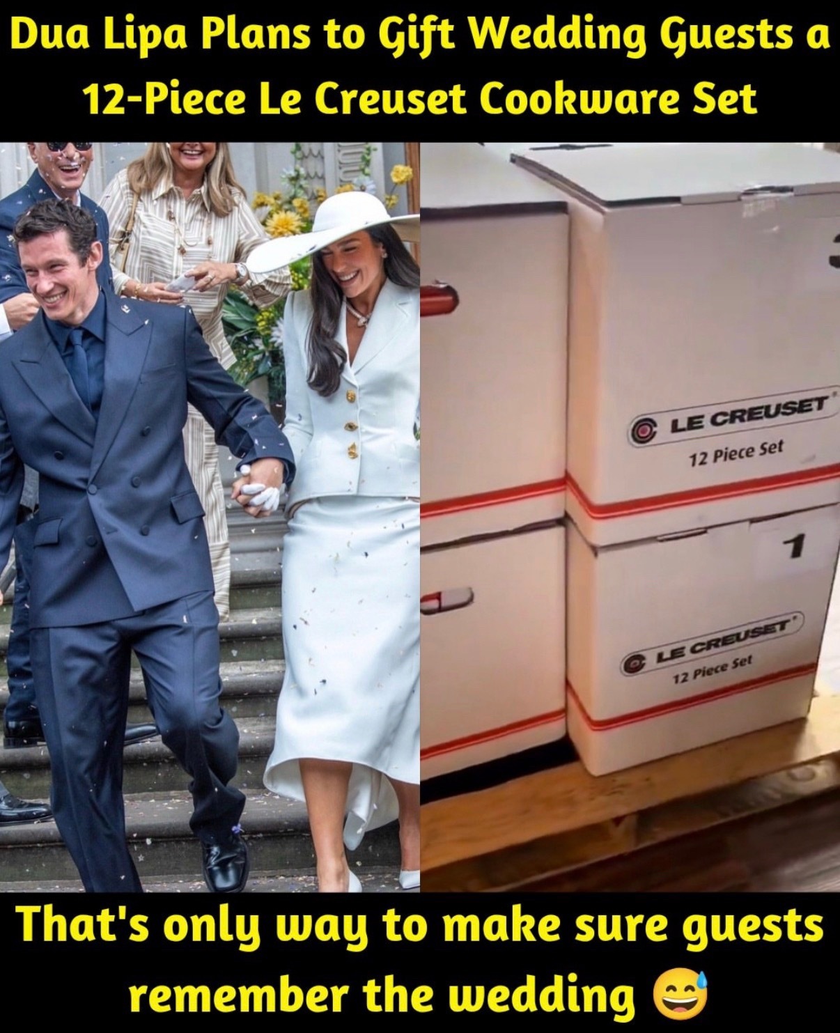 Dua lipa 婚礼送给客人的回礼是12件套的Le Creuset，就那个彩色
