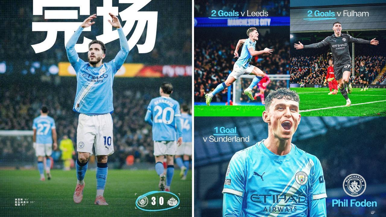 英超：曼城主场3-0大胜桑德兰，三连胜距榜首仅有2分。
迪亚斯世界波，格瓦迪奥尔