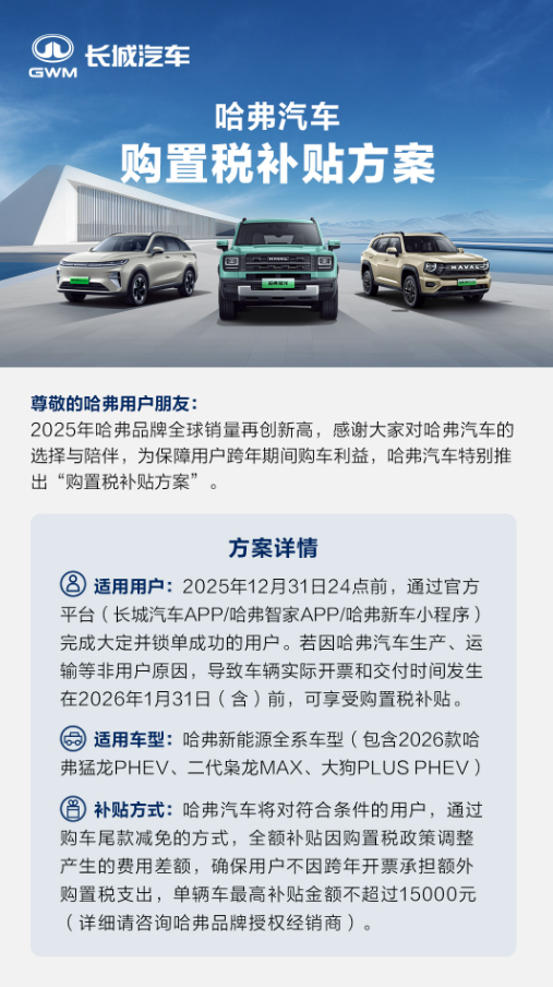 车若初见 虽迟但到，哈弗跨年购置税补贴终于来了，截止日期2025年12月31日，